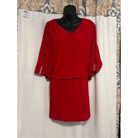 Beautiful NEW WITH TAGS 1990s Cache Red Satin Batwing Cutout Draped Dress XS - Picture 1 of 11